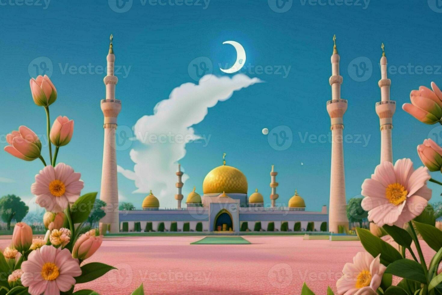 AI generated 3d render mosque, moon and flowers with pastel colors. Eid mubarak and Eid al adha. Pro Photo