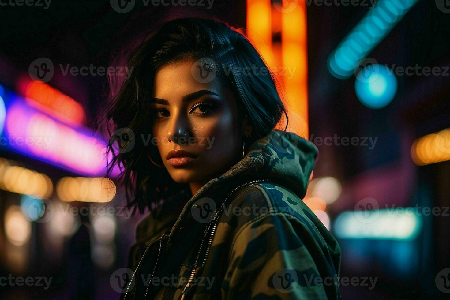 AI generated Street fashion young beautiful Latin with neon light and shadow contrast. Pro Photo