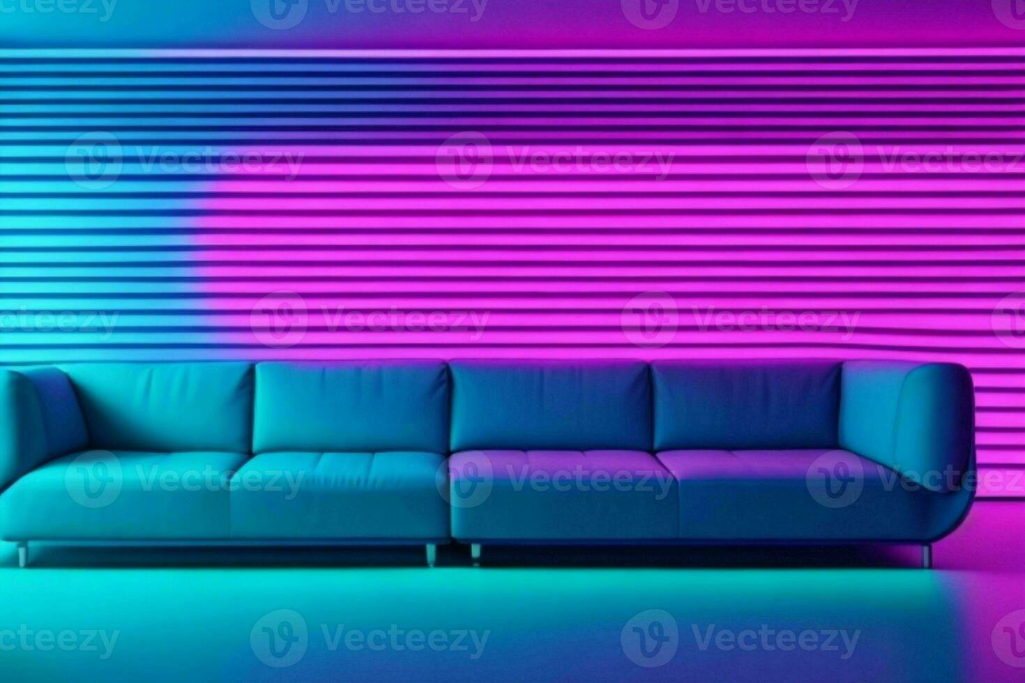 AI generated empty neon light wall minimalist room interior with sofa on the middle with copy space. Pro Photo
