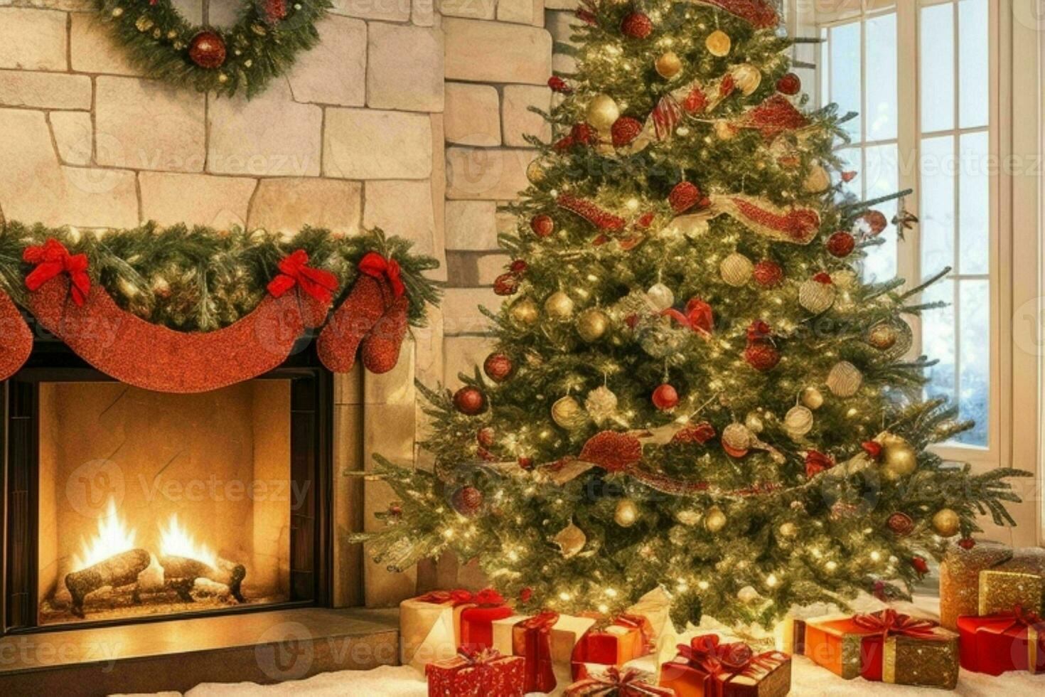 AI generated Christmas Tree with Gifts and Fireplace. Pro Photo