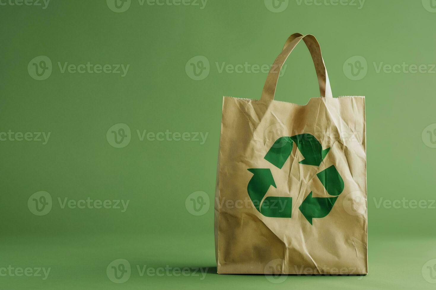 AI generated Paper bag with a recycle symbol on green background photo