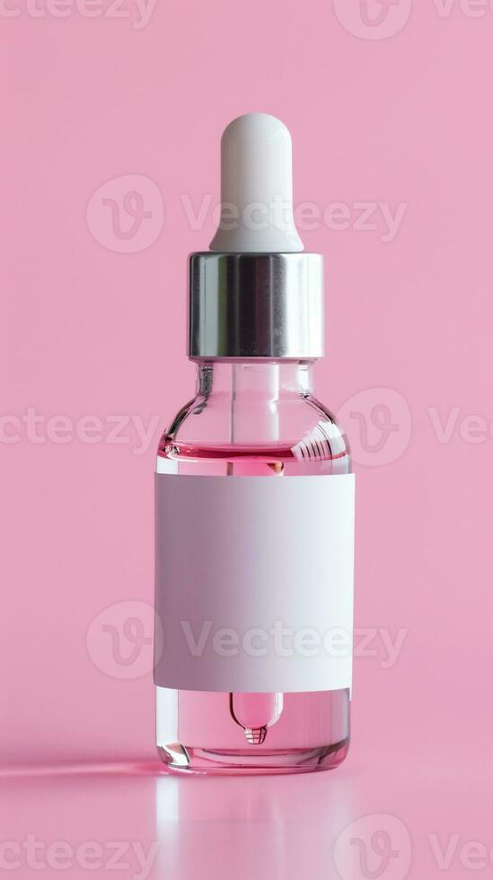 AI generated dropper bottle with a simple white label against a pink background photo