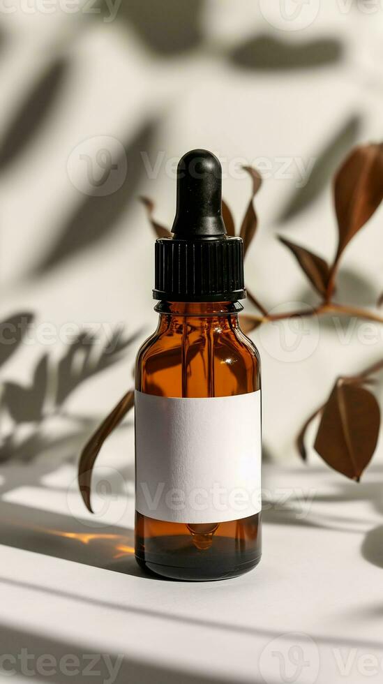 AI generated brown transparent dropper bottle with a simple white label and gentle shadows of leaves in the background photo