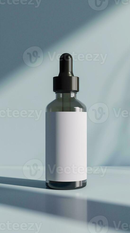 AI generated white dropper bottle with a simple white label on a soft blue background photo