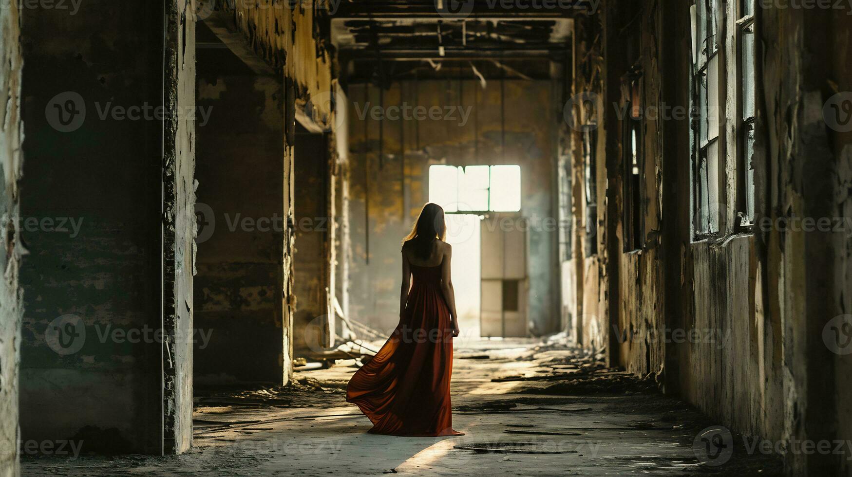 AI generated shot of a woman walking through an abandoned industrial space photo