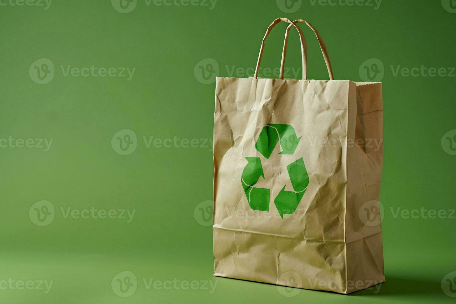 AI generated Paper bag with a recycle symbol on green background photo