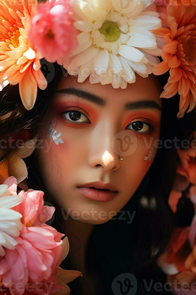 AI generated a close up image of a woman with flower around her head photo