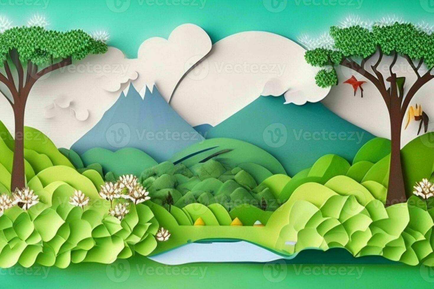 AI generated nature and landscape background paper cut style. Pro Photo