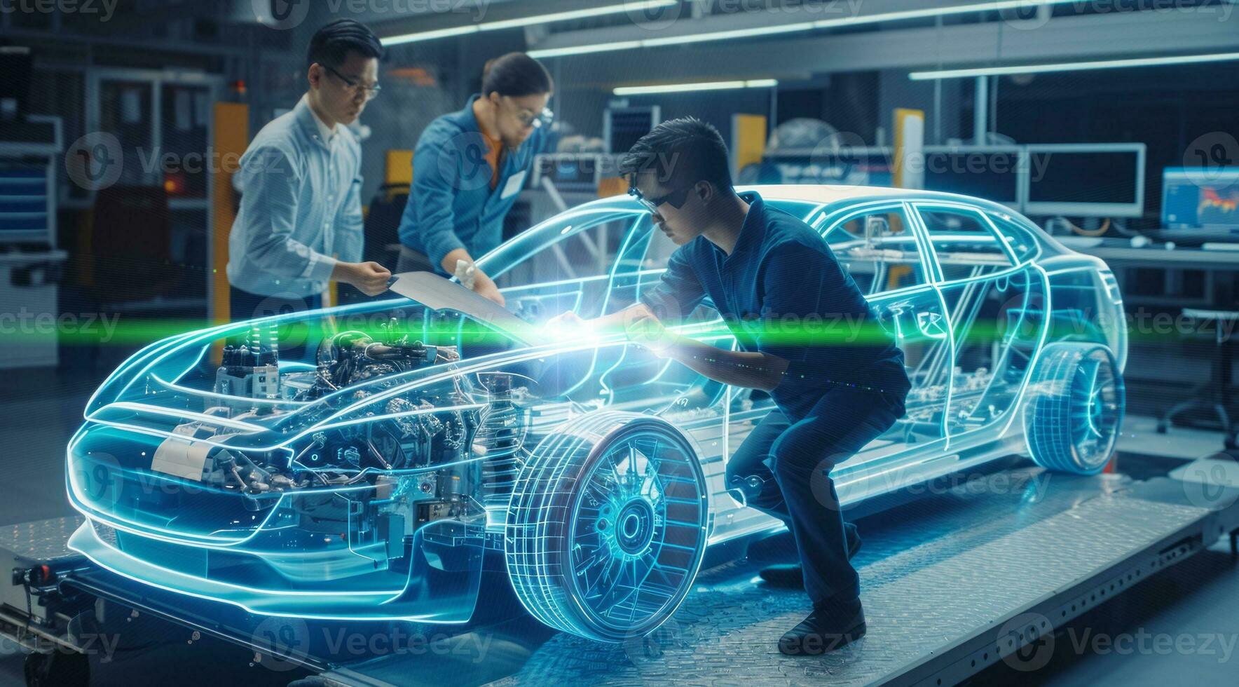 AI generated Team of engineers, visualization of future vehicle prototype 3D modeling in car production factory photo