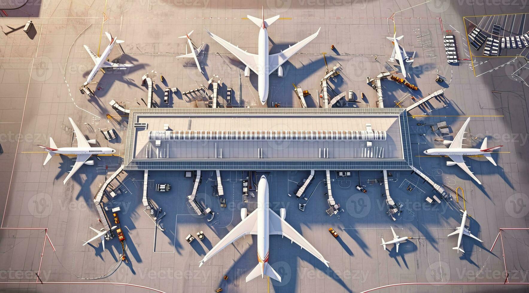 AI generated Aerial view international airport terminal, planes departing to multiple international locations photo