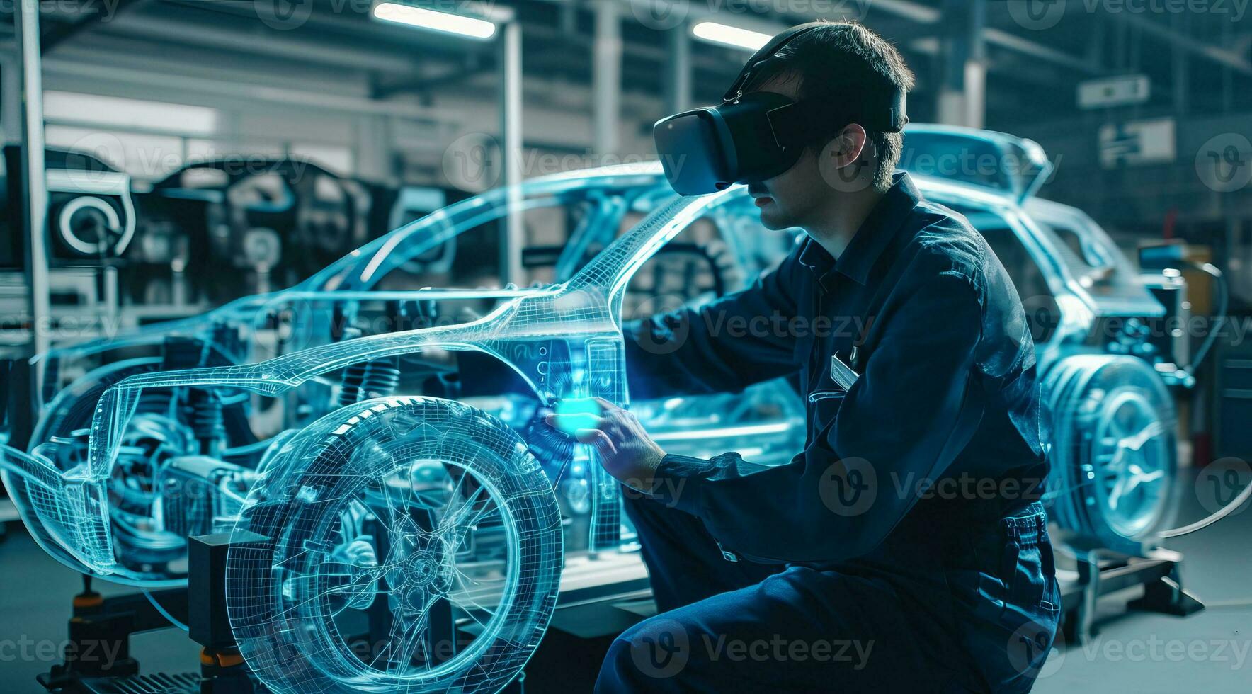 AI generated Team of engineers, visualization of future vehicle prototype 3D modeling in car production factory photo