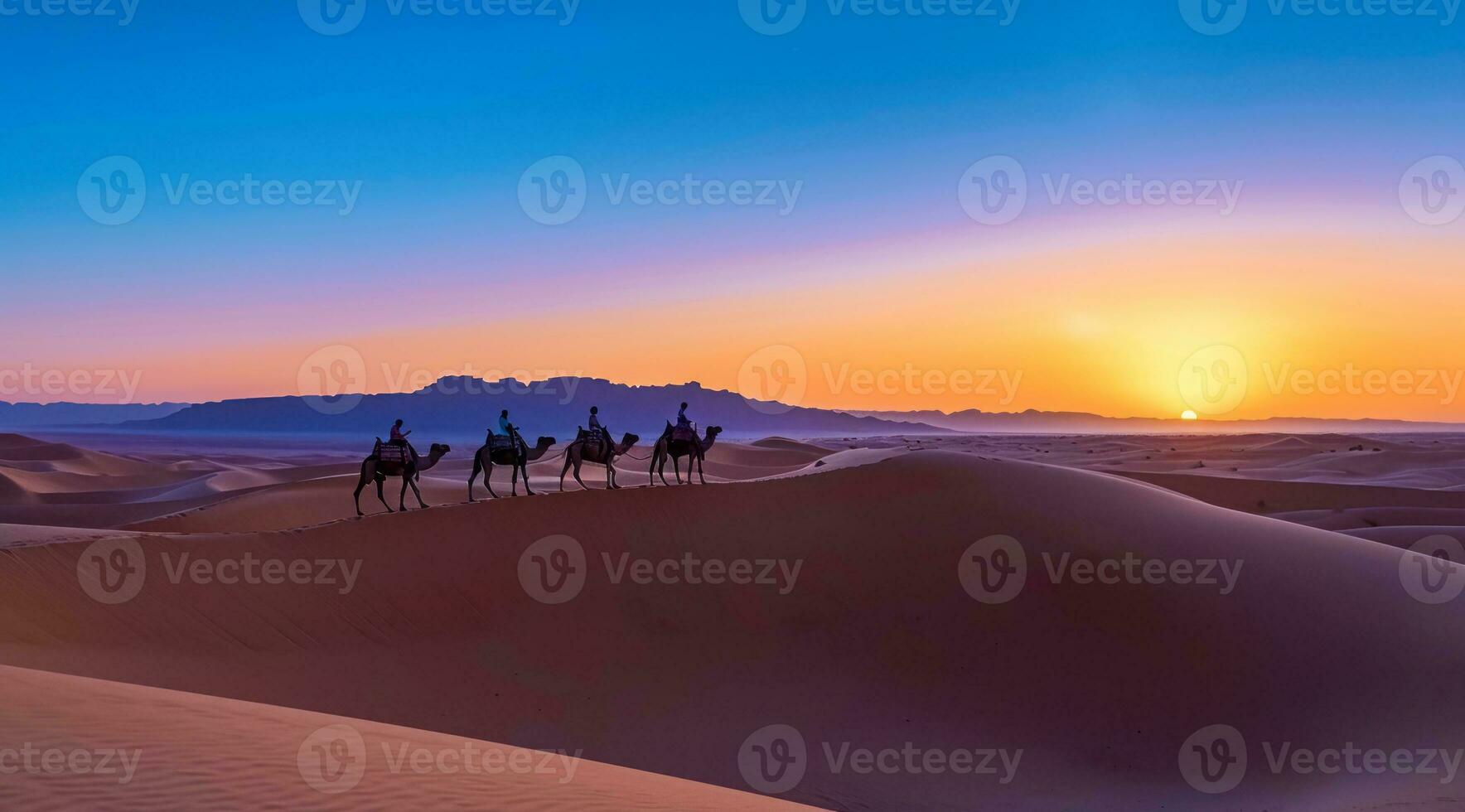 AI generated Caravan travelling over dunes in the desert photo