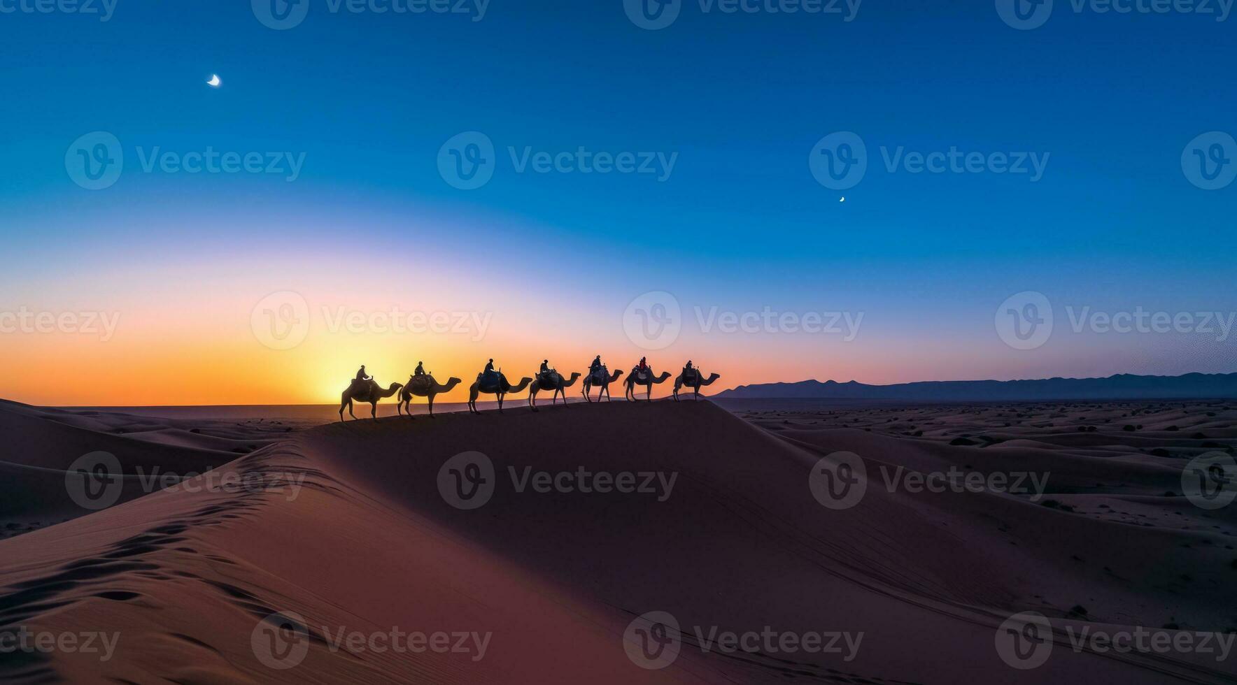 AI generated Caravan travelling over dunes in the desert photo