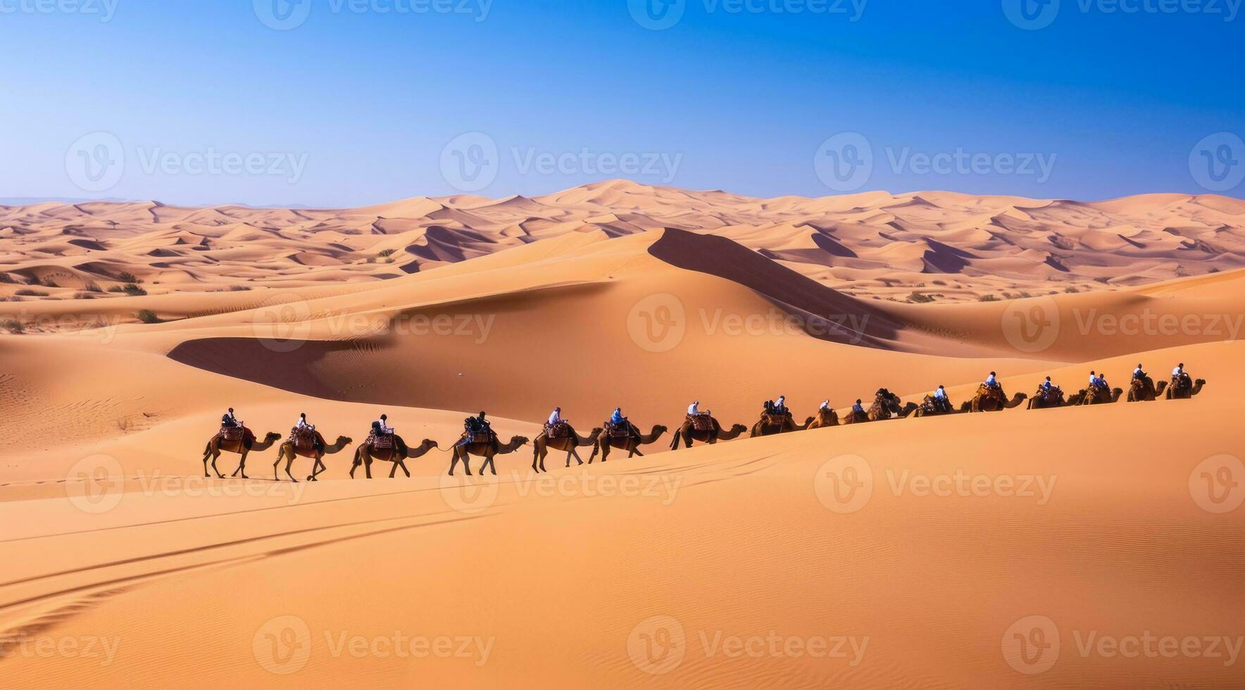 AI generated Caravan travelling over dunes in the desert photo