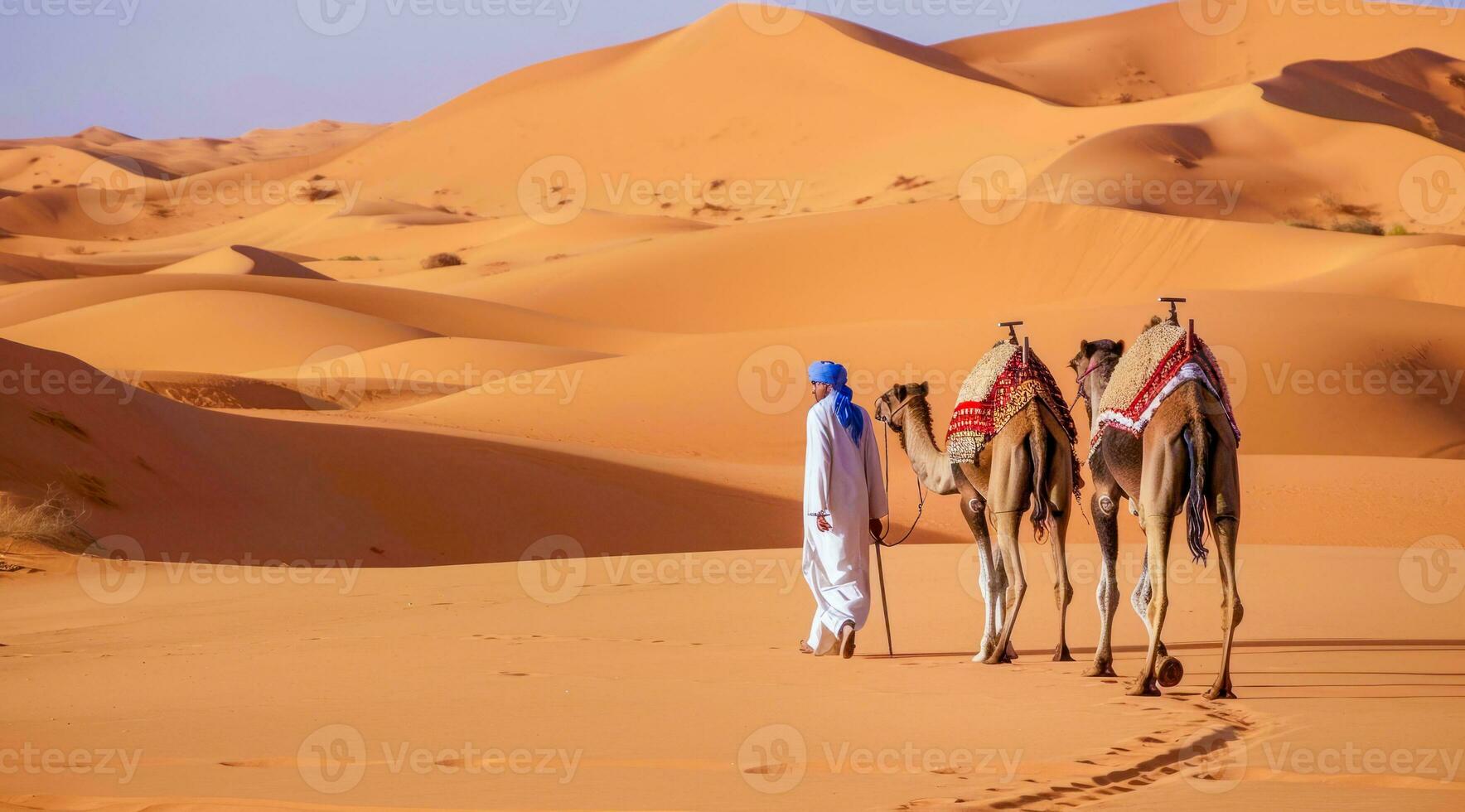 AI generated Camel rider with camels travelling over dunes in the desert photo