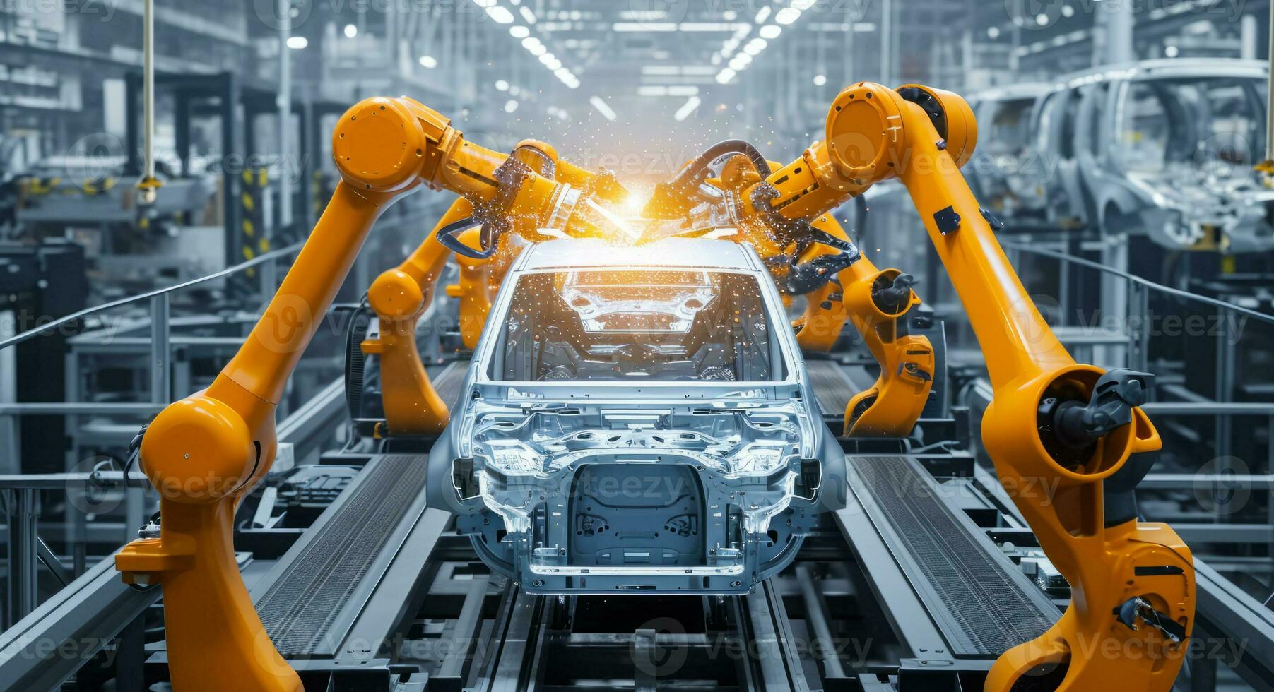AI generated Car factory conveyor belt assemblance line production with robots and artificial intelligence photo