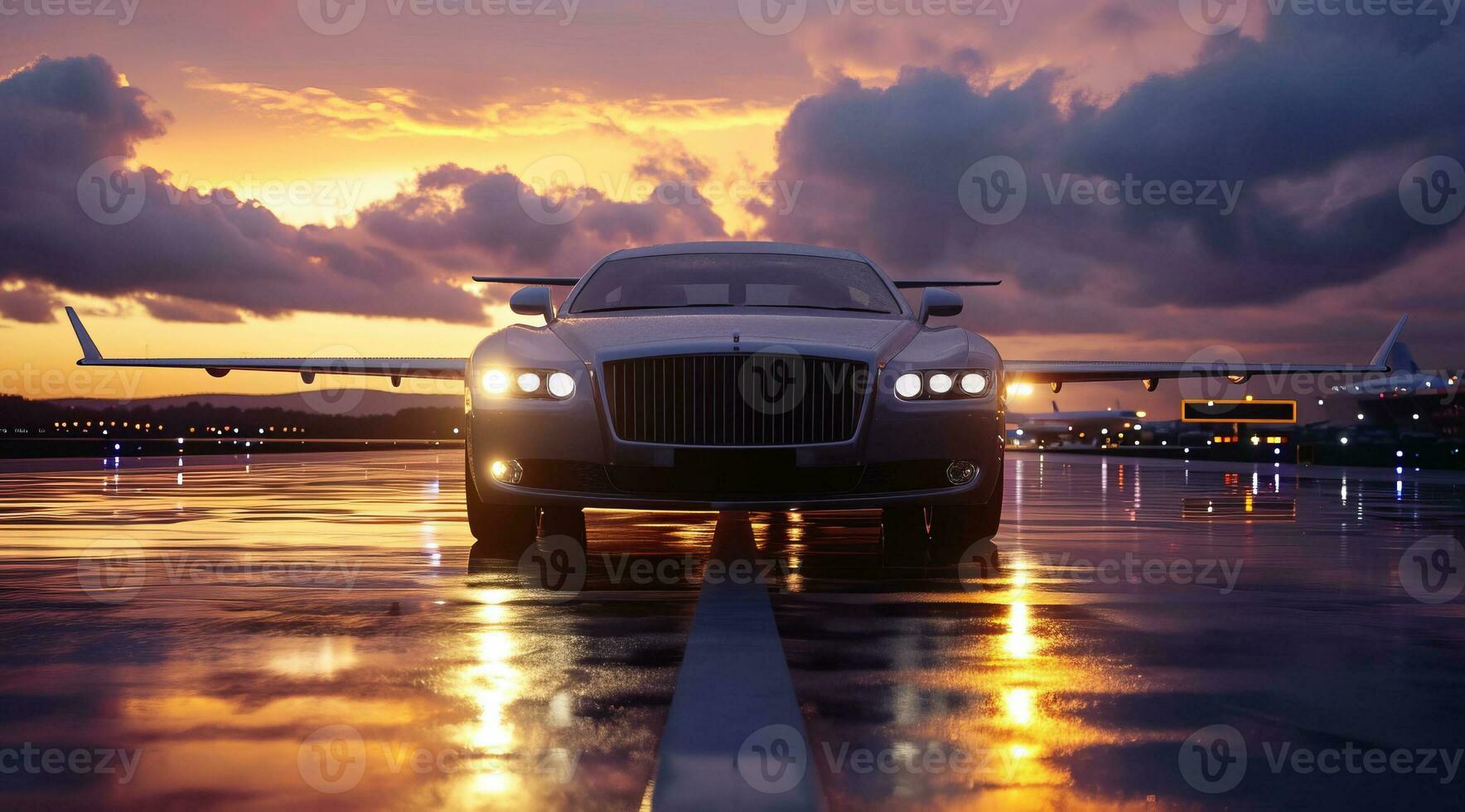 AI generated Successful businessman car in front of private airplane ready for luxury business corporate travel photo