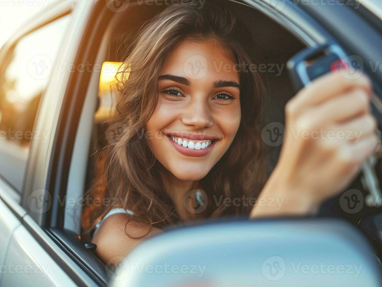 ai generado contento coche propiedad, hermosa dama participación coche llaves desde el nuevo coche foto