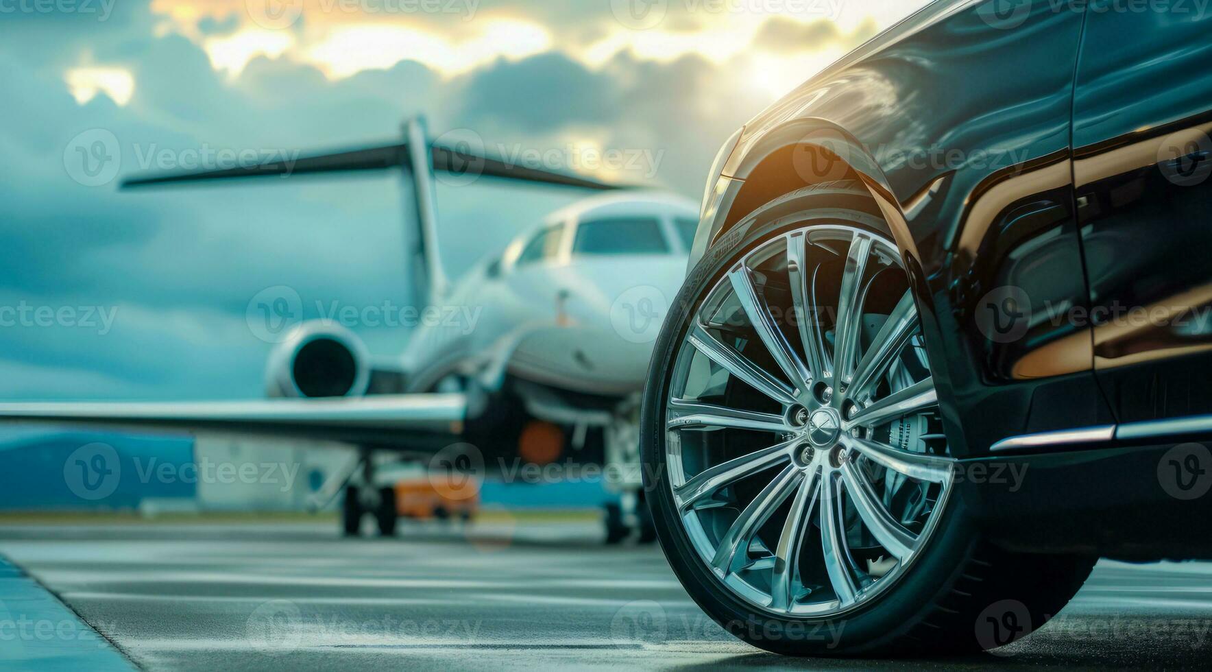 AI generated Successful businessman car in front of private airplane ready for luxury business corporate travel photo