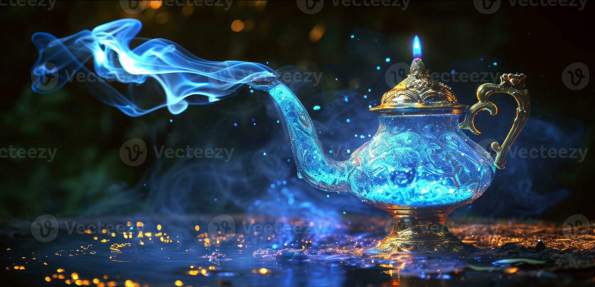 AI generated Genie coming out of a Aladdin whish lamp, Concept of miracle and whish come true photo