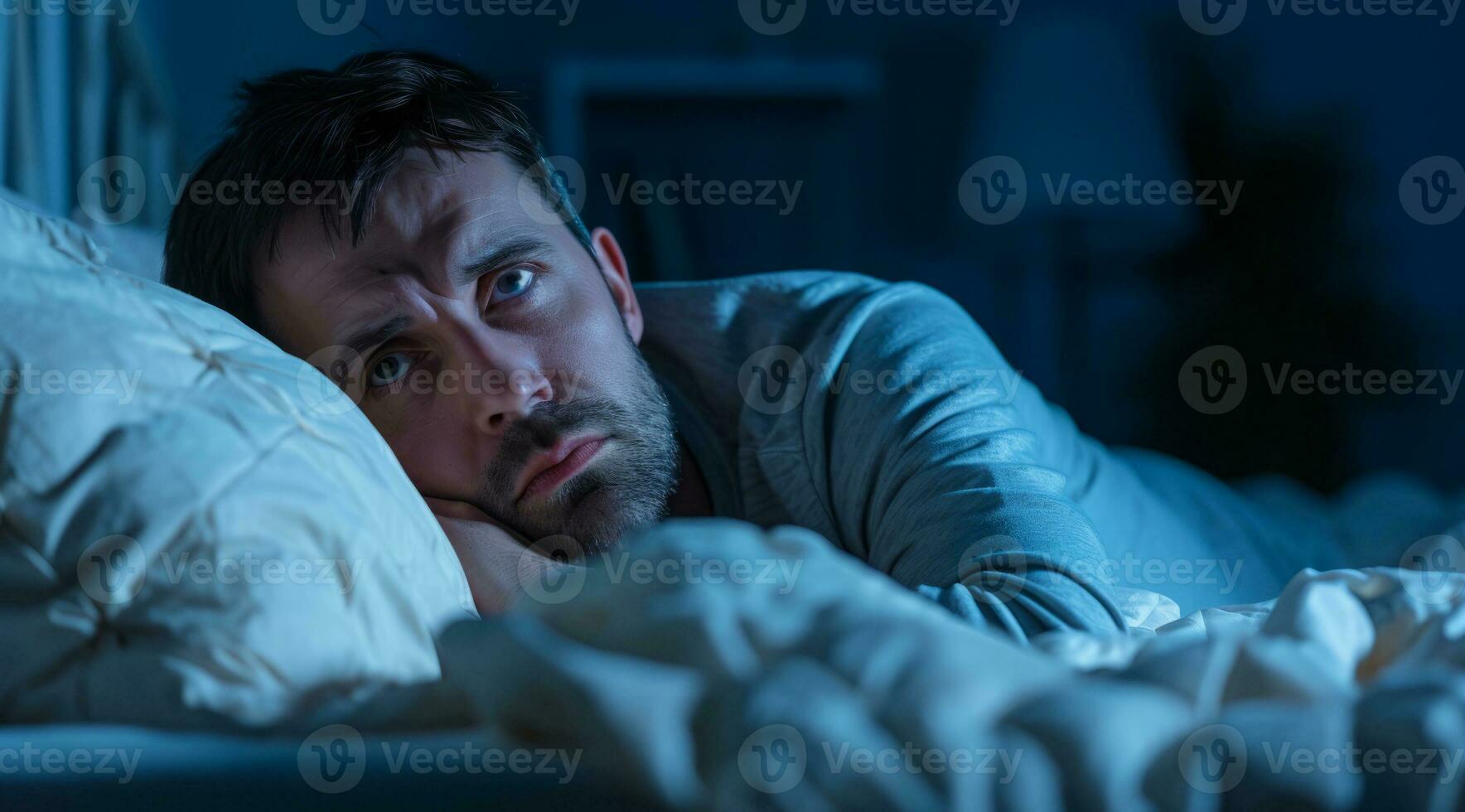 AI generated Insomnia of a stressed depressed man lying sleepless in bed. Sleep disorder photo