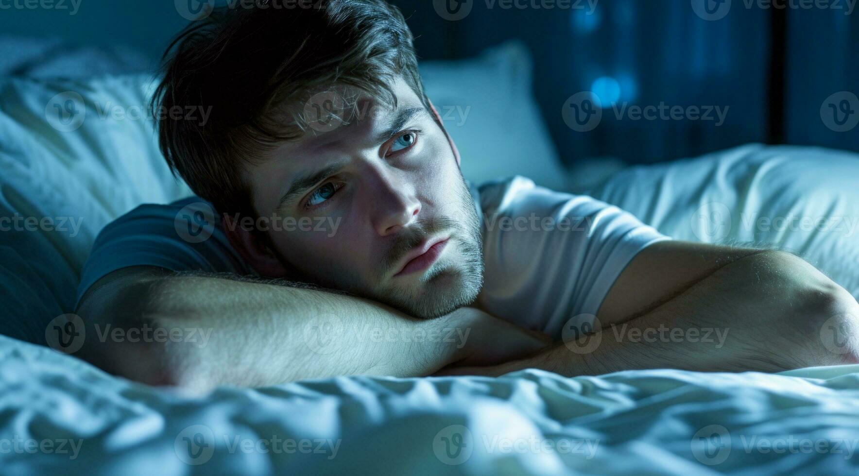 AI generated Insomnia of a stressed depressed man lying sleepless in bed. Sleep disorder photo