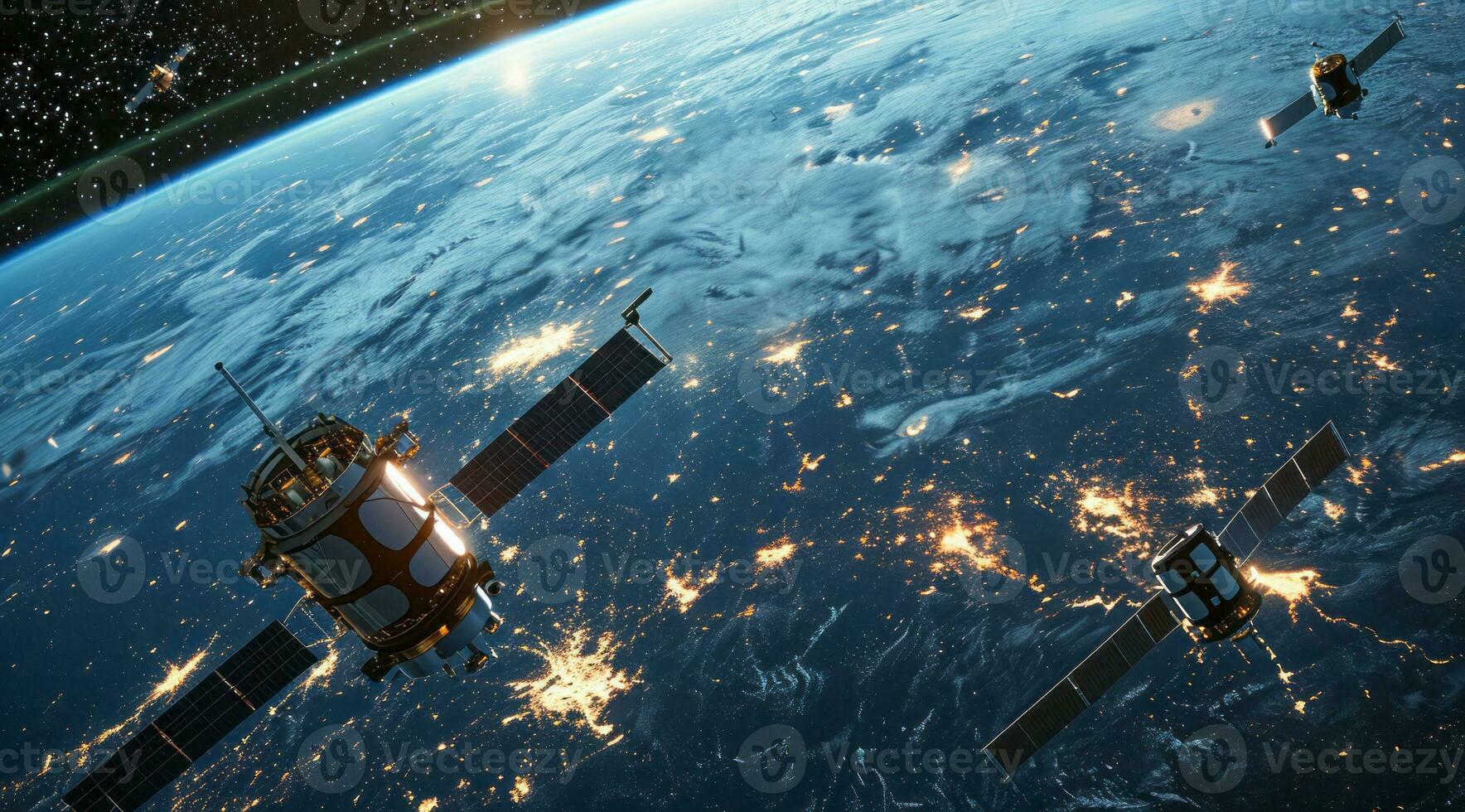 AI generated Satellites orbiting earth in outer space. Science and technology research in cosmos. photo