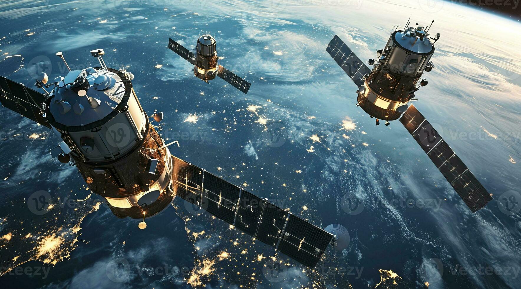 AI generated Satellites orbiting earth in outer space. Science and technology research in cosmos. photo