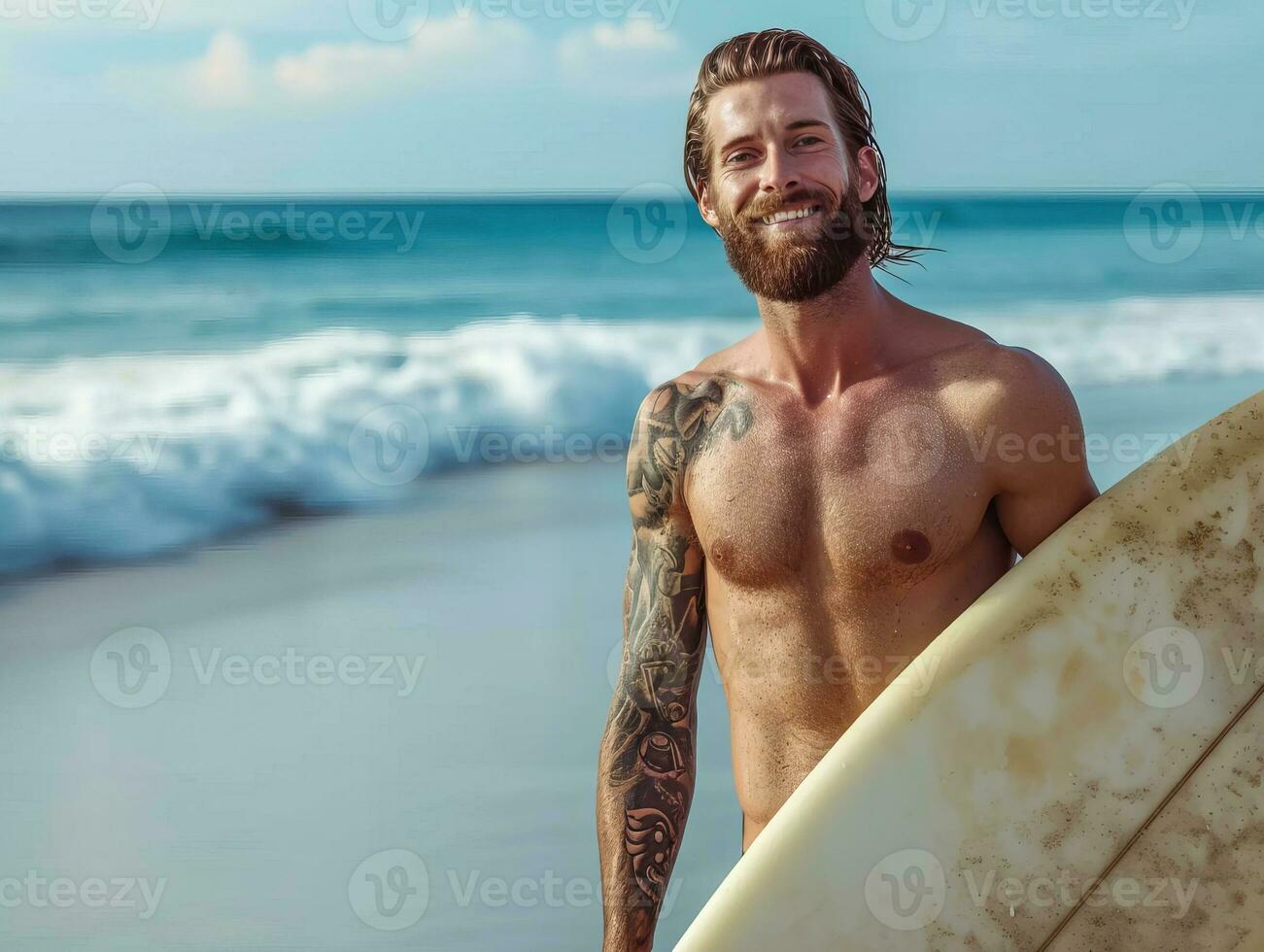 AI generated Fit and handsome male surfer holding a surfboard on ocean shore. Vacation and travel lifestyle photo