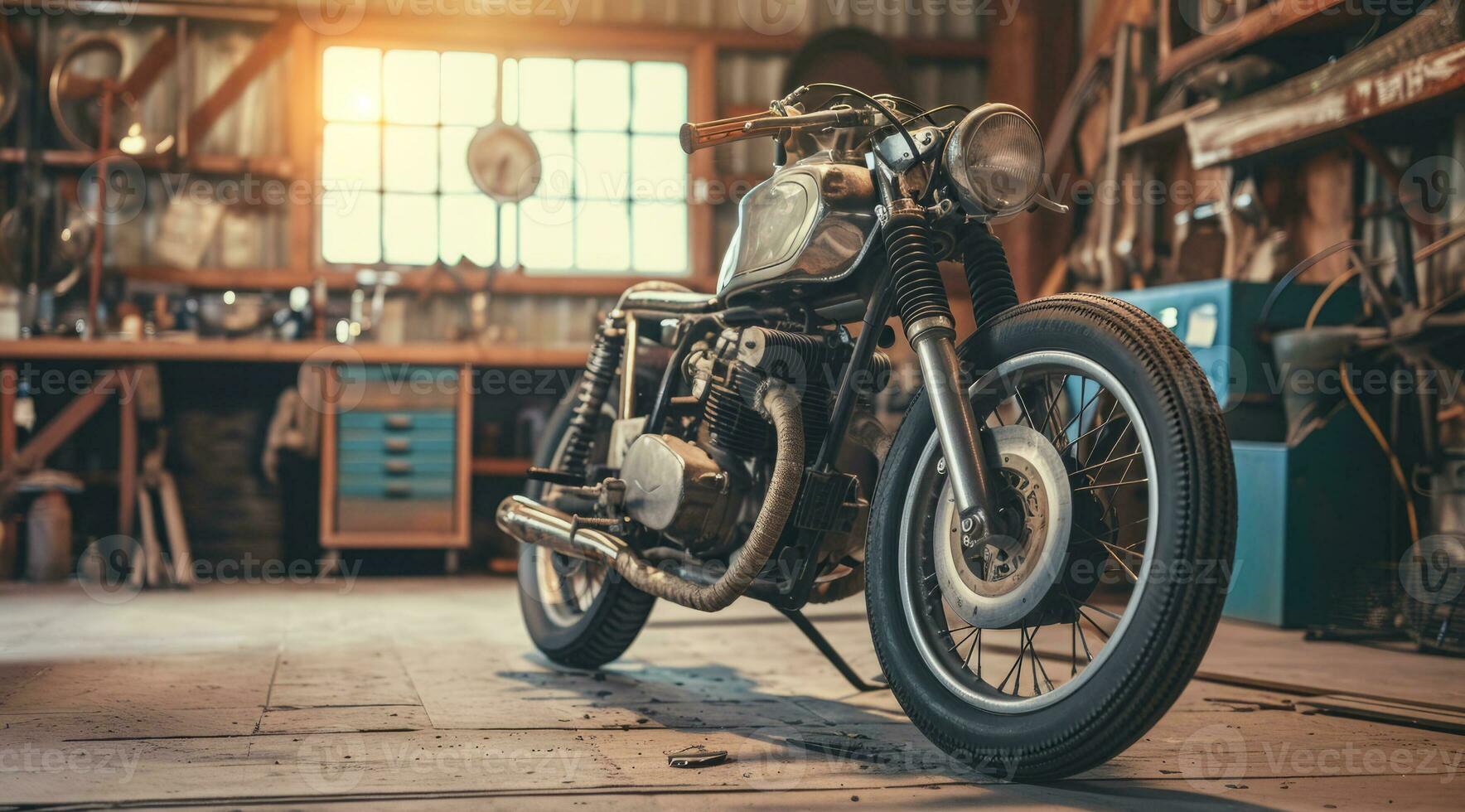AI generated Retro stylish vintage bike in repair garage photo