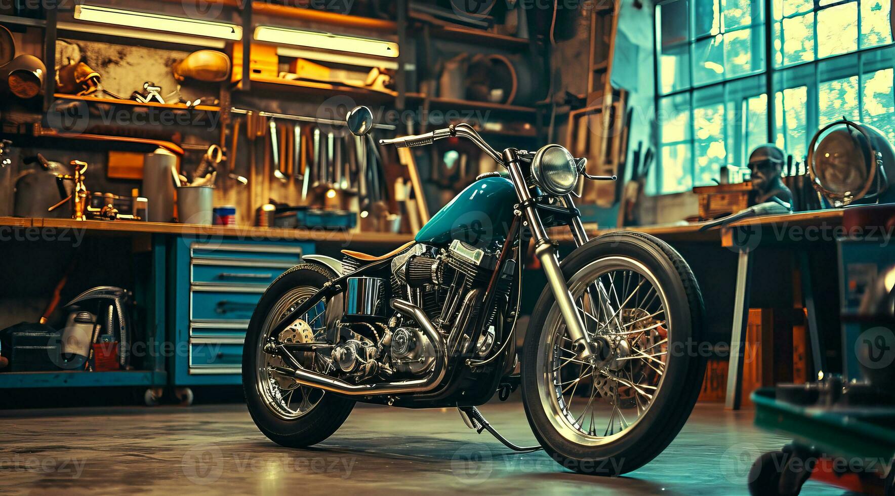 AI generated Retro stylish vintage bike in repair garage photo