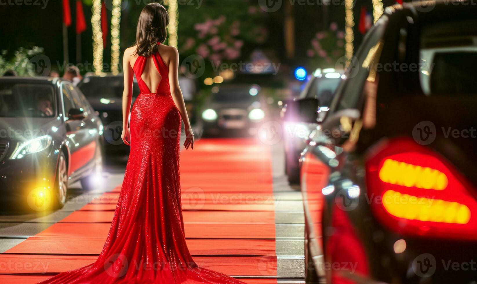AI generated Celebrity woman in long fashionable luxury gown walking on a red carpet to celebrity gala event photo