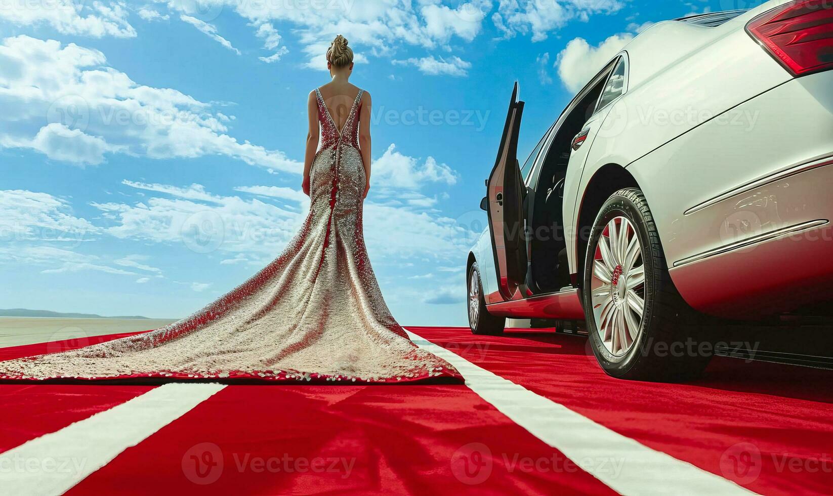 AI generated Celebrity woman in long fashionable luxury gown walking on a red carpet to celebrity gala event photo