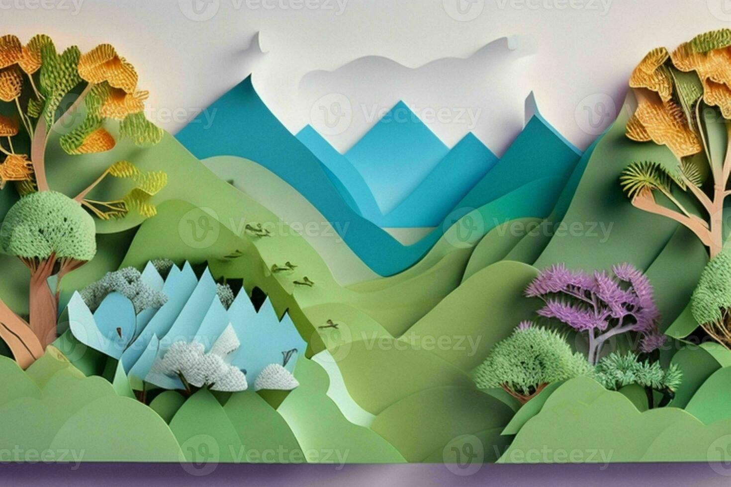 AI generated nature and landscape background paper cut style. Pro Photo