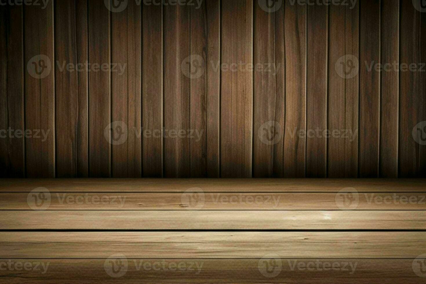 AI generated Empty wooden deck table over wooden wallpaper background with copy space, Mockup for product display. Pro Photo