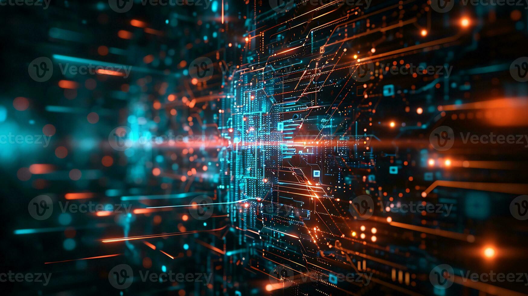AI generated futuristic elements with circuit like patterns and glowing lines photo