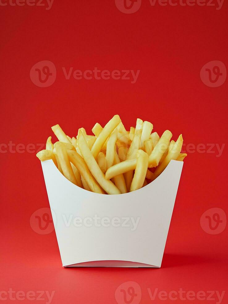 AI generated blank french fries box mockup in plain red isolated background photo