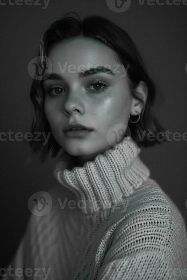 AI generated a black and white photo of a woman in a sweater