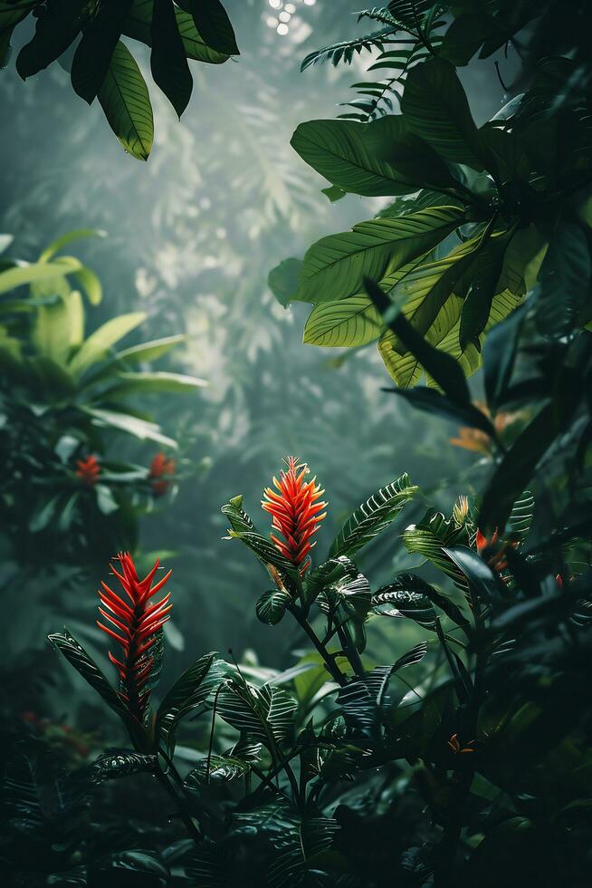 AI generated photograph capturing the vibrant biodiversity of a tropical rainforest photo