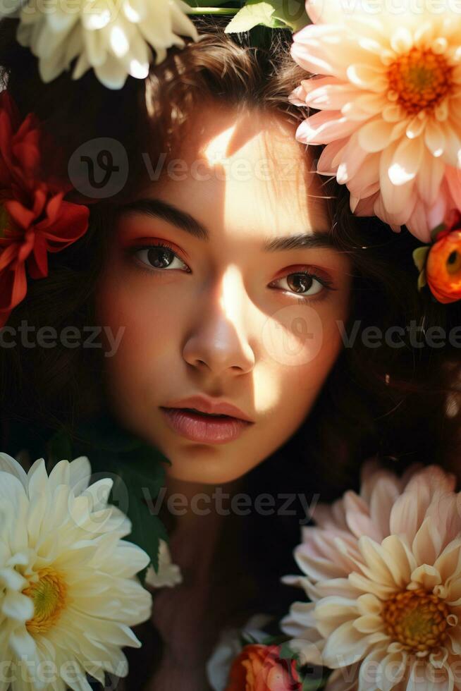 AI generated a close up image of a woman with flower around her head photo