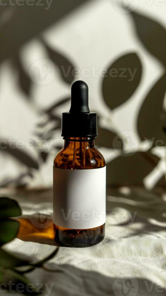AI generated brown transparent dropper bottle with a simple white label and gentle shadows of leaves in the background photo