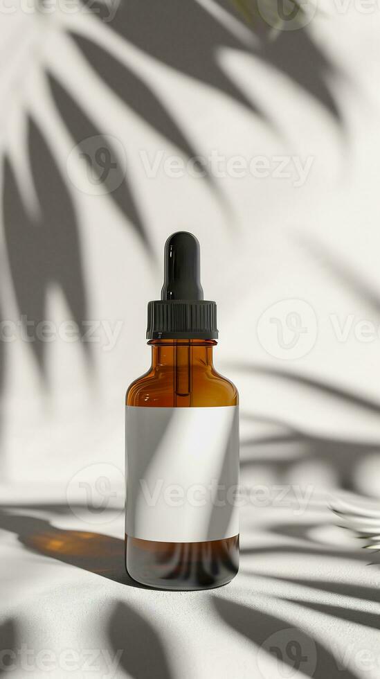 AI generated brown transparent dropper bottle with a simple white label and gentle shadows of leaves in the background photo