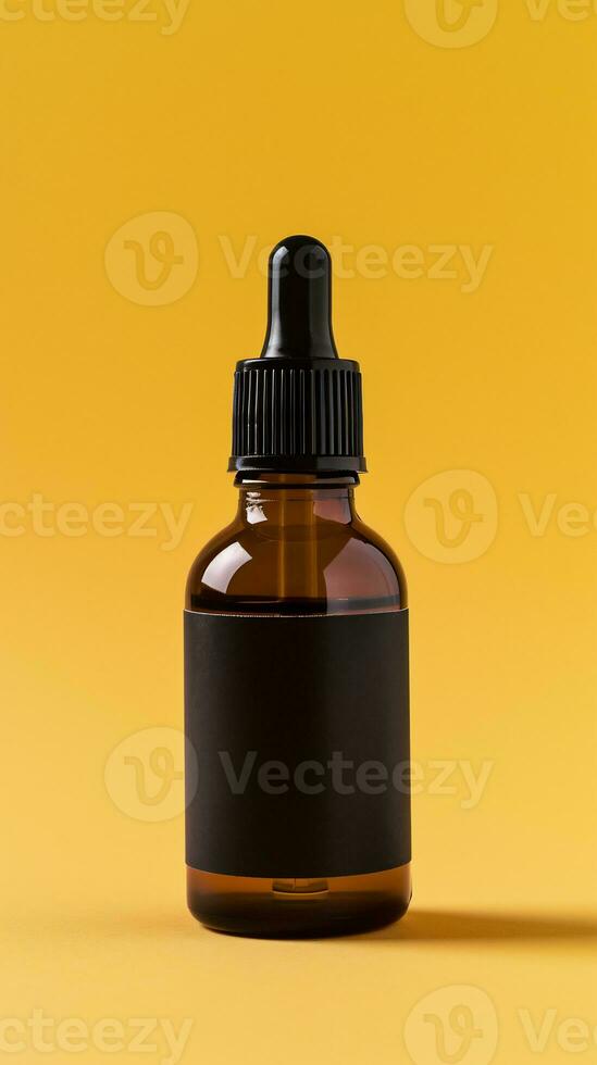 AI generated Brown transparent Dropper bottle with a simple black label on a yellow background photo