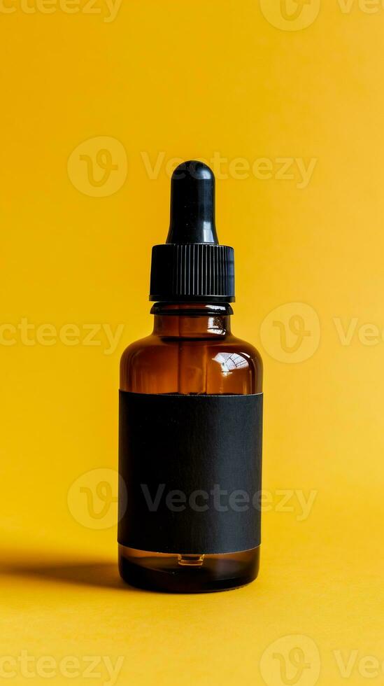 AI generated Brown transparent Dropper bottle with a simple black label on a yellow background photo
