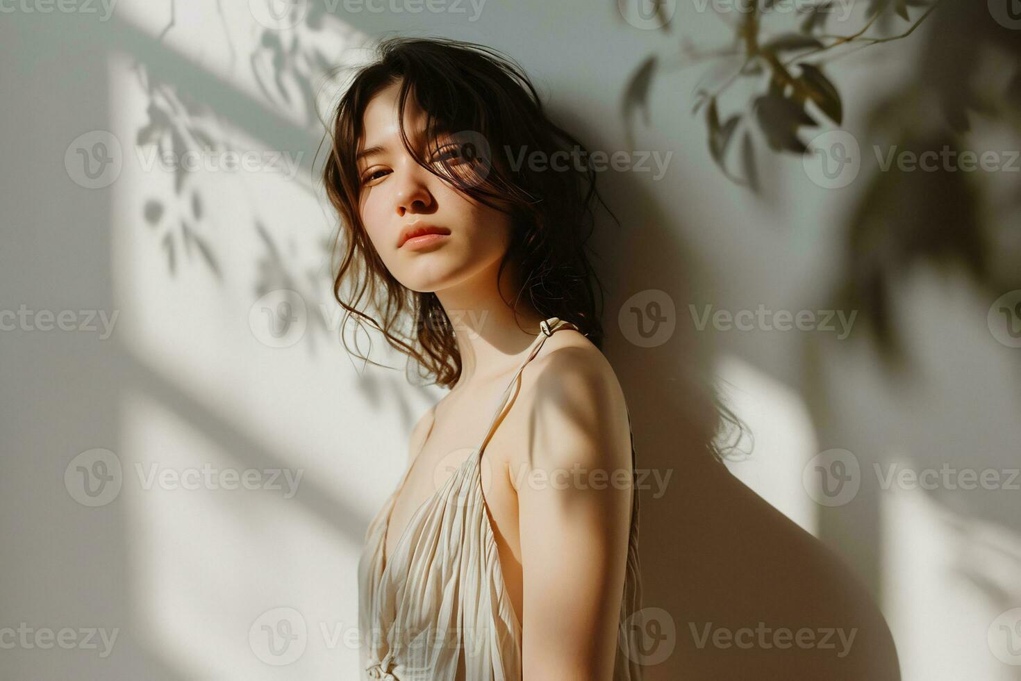 AI generated A serene woman in a flowing sundress standing against a seamless white backdrop photo