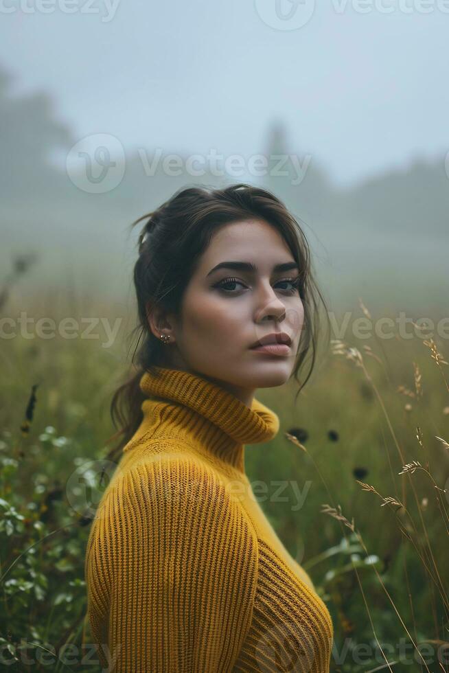 ai generado hermosa mujer en amarillo suéter tipo con cuello de tortuga suéter en pie cerca verde césped campo foto
