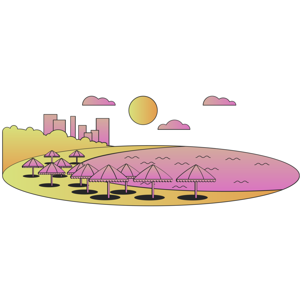 AI generated tropical beach scene with palm trees and umbrellas png