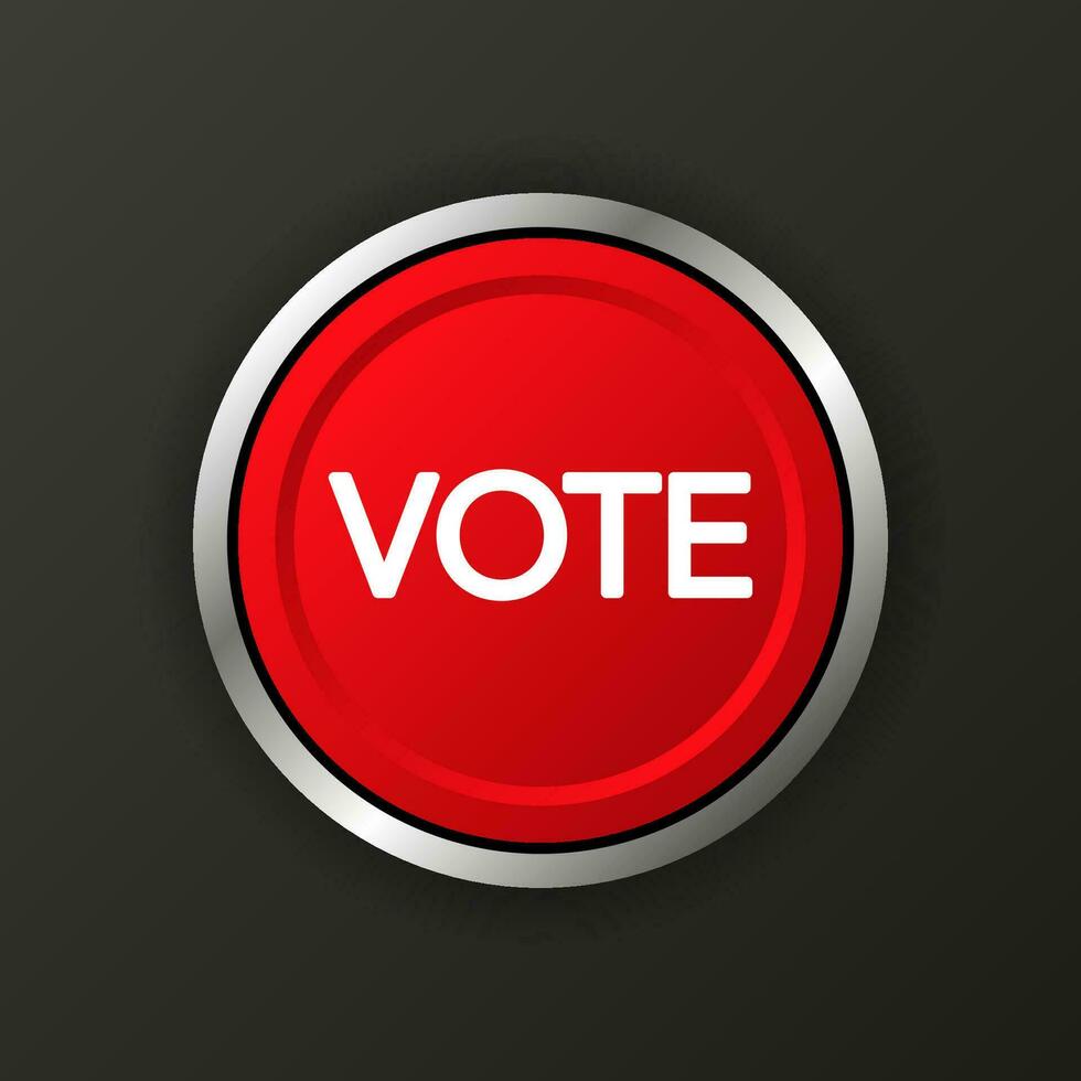Vote 3D realistic red button on black background. Vector illustration.