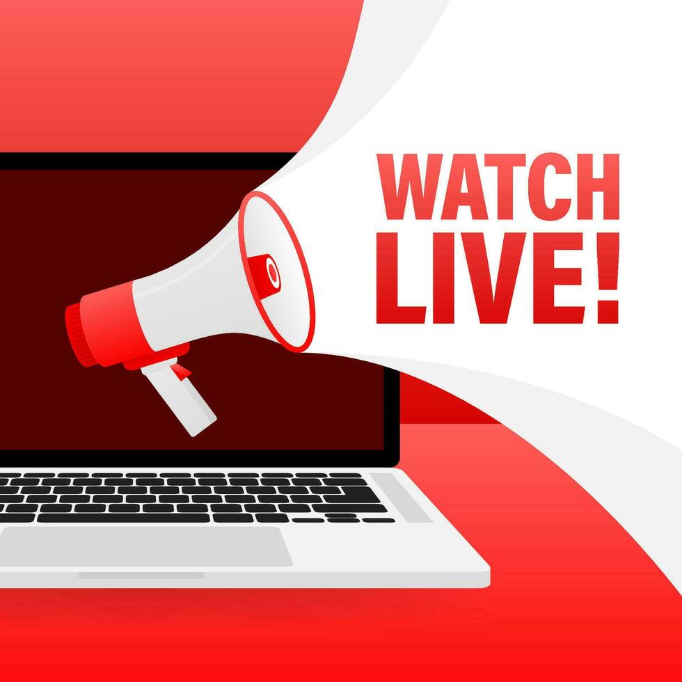 Megaphone with watch live. Laptop with megaphone isolated on red background. vector