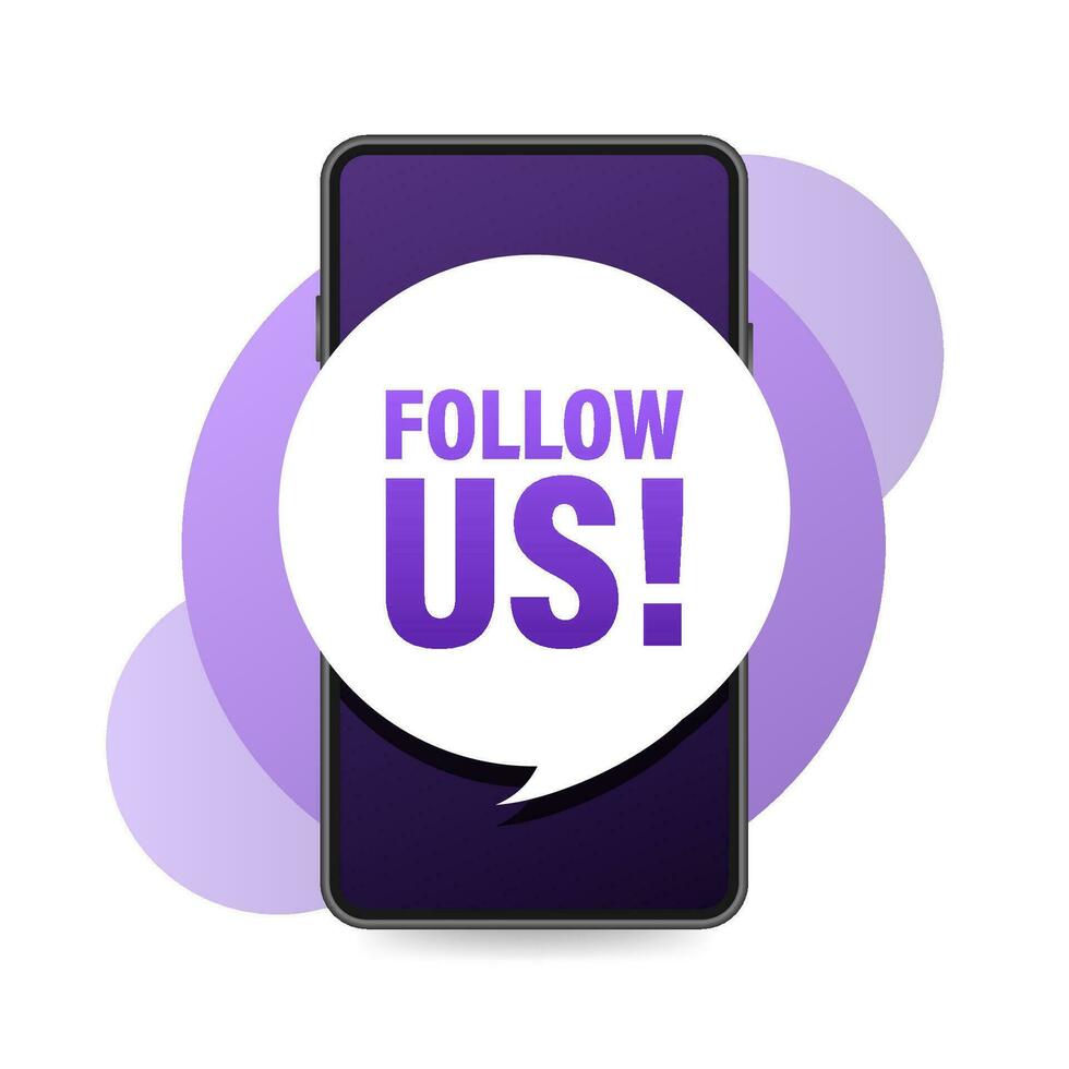 Follow us smartphone banner in 3D style on white background. Vector illustration.